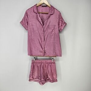 Tart Intimate Pajama Set Women Small Pink Satin Striped Short Sleeve Loungewear